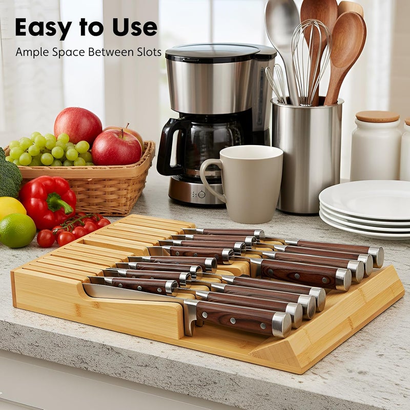 WenCraft Bamboo Kitchen Drawer Knife Holder, In-drawer Knife Block, Knife Drawer Organizer fit for 16 knives and 1 steel sharpening - Image 2